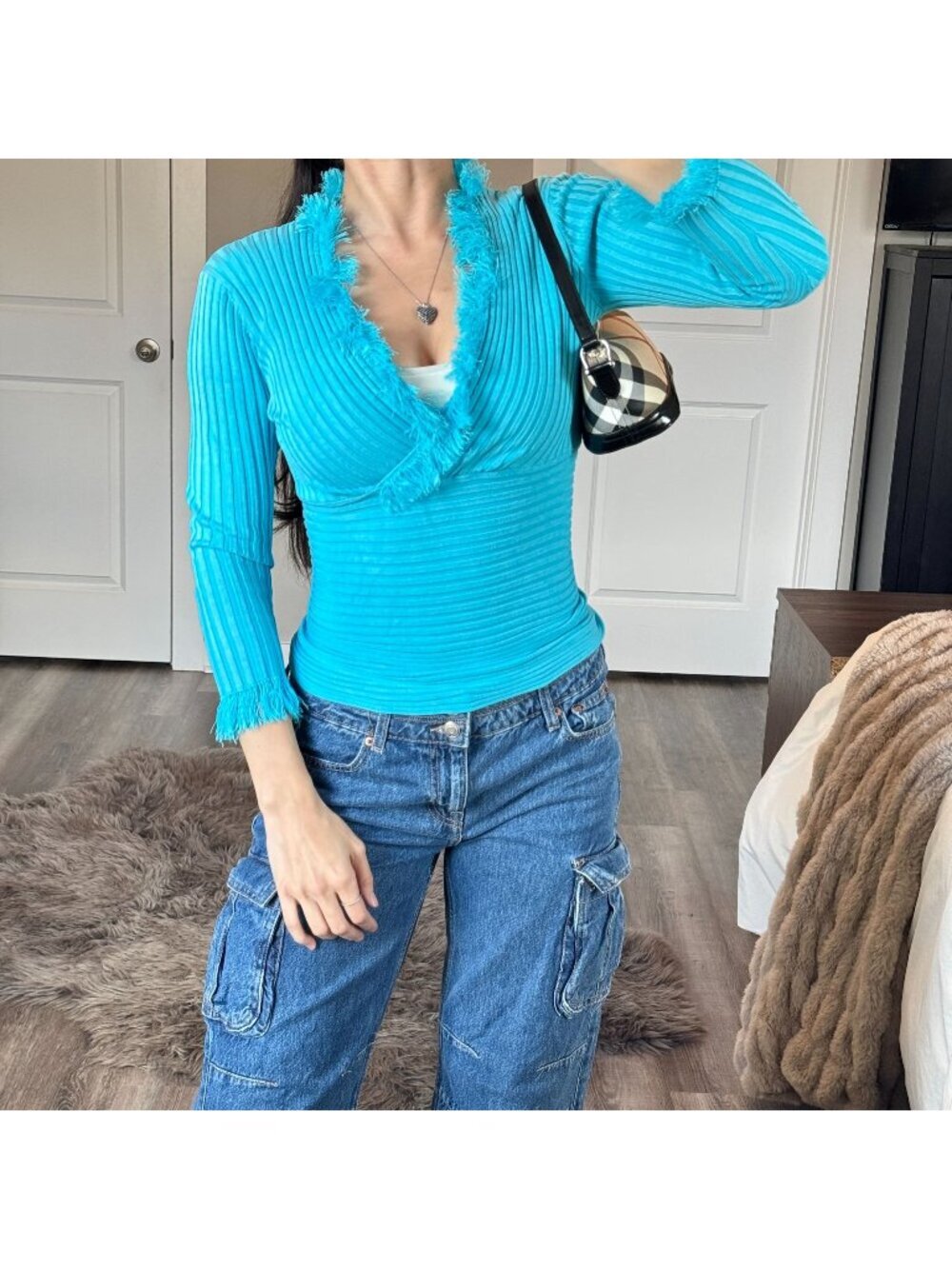 Y2K Turquoise Fuzzy Trim Ribbed Top Fitted Indie Sleaze 2000s Baby Tee Stretch